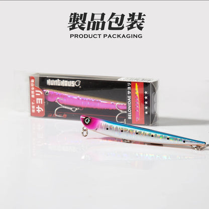 Colorful fishing lure with metallic finish and treble hooks, shown in retail packaging.