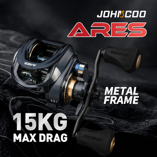 Baitcasting fishing reel with metal frame, 15kg max drag, ergonomic handles and gear details.