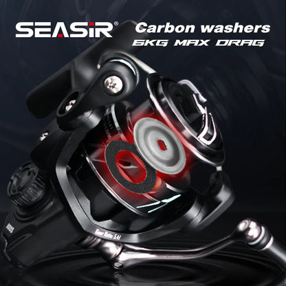 Fishing reel with carbon washers, 6kg max drag, close-up showing gear components