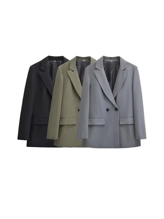 Chic Women's Double Breasted Blazer Coat with Flap Pockets