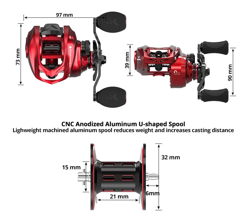 Red CNC anodized aluminum baitcasting fishing reel with U-shaped spool and dimensions diagram.