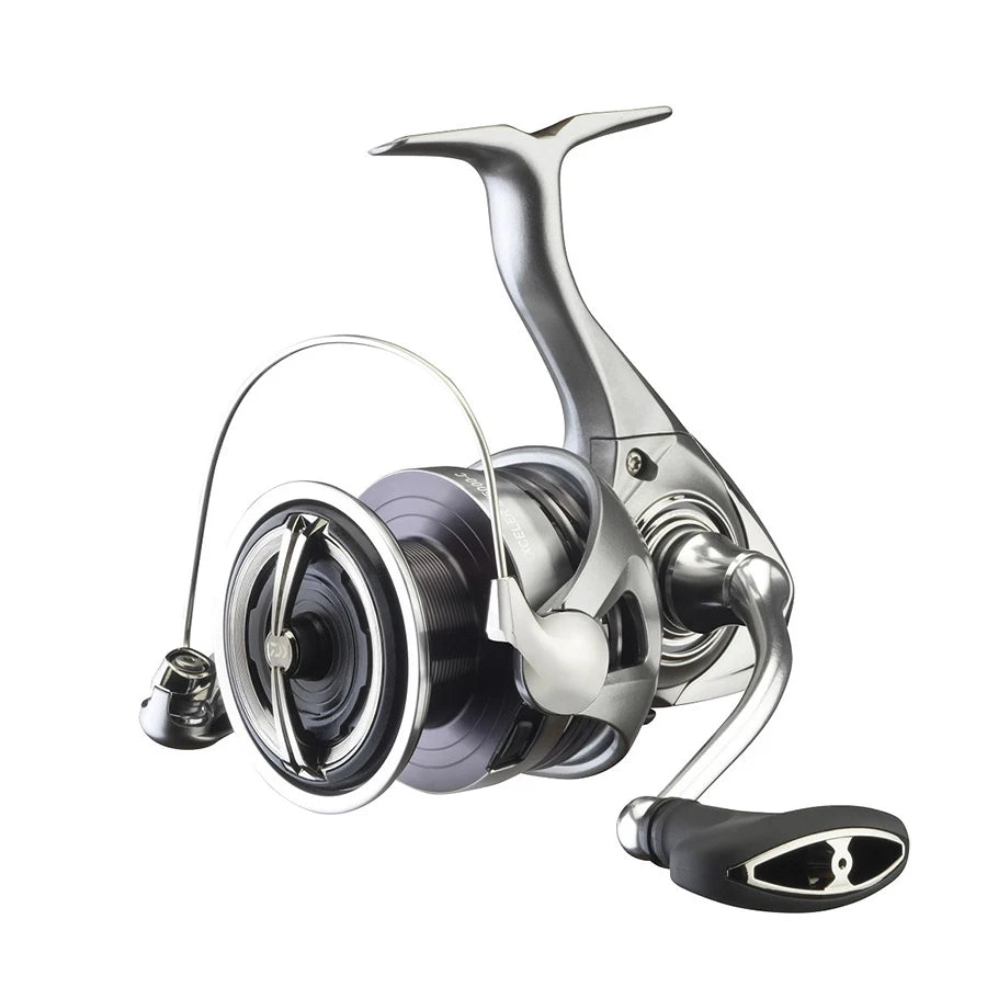 Lightweight silver spinning fishing reel for outdoor angling on white background