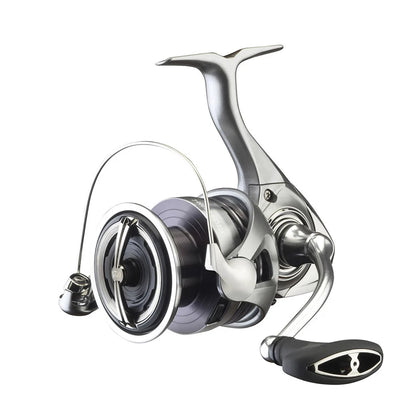 Lightweight silver spinning fishing reel for outdoor angling on white background