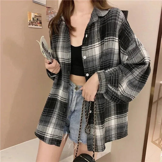 Vintage Plaid Long Sleeve Top for Women in Preppy Style
