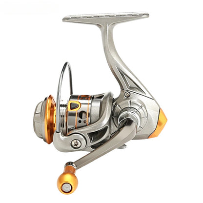 Lightweight spinning fishing reel with silver and orange accents for outdoor angling