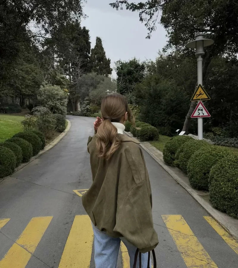 Spring Women's Suede Lapel Bomber Jacket by HookUpCo.