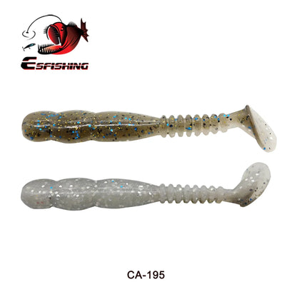 Two soft plastic fishing lures with glitter detail, paddle tail design, labeled CA-195