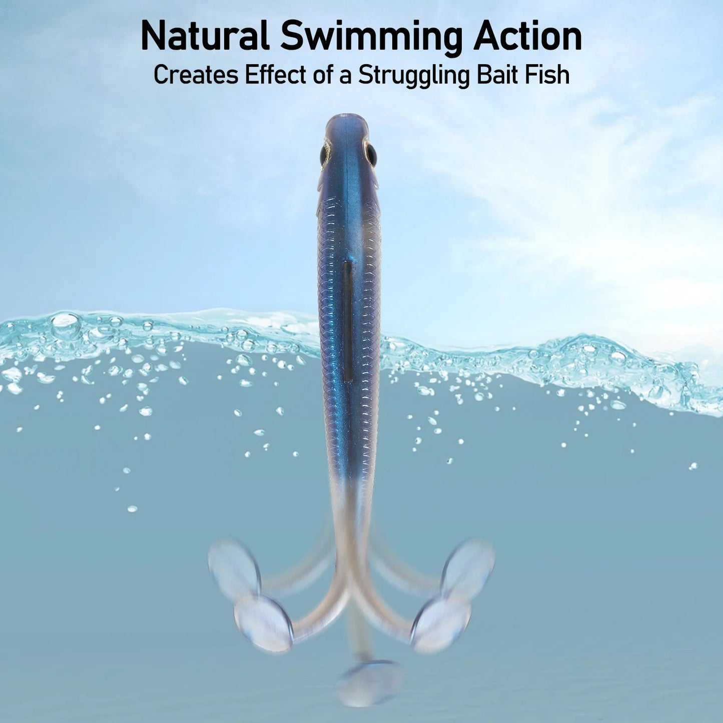 Realistic soft plastic fishing lure underwater, mimicking bait fish swimming action.