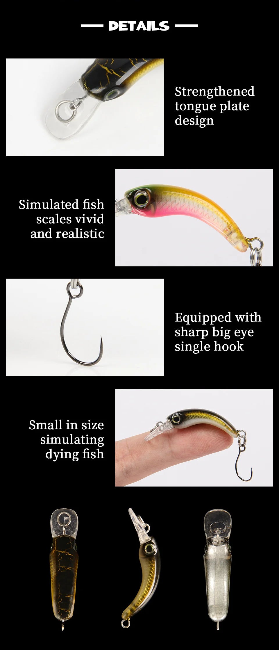 Detailed images of a small, realistic fish-shaped fishing lure with a sharp single hook, vivid scales, big eye, and strengthened tongue plate, designed to simulate a dying fish.