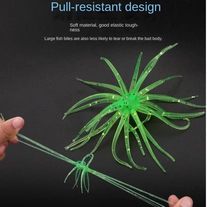 Green pull-resistant soft bait with tentacles shown being stretched, durable fishing lure