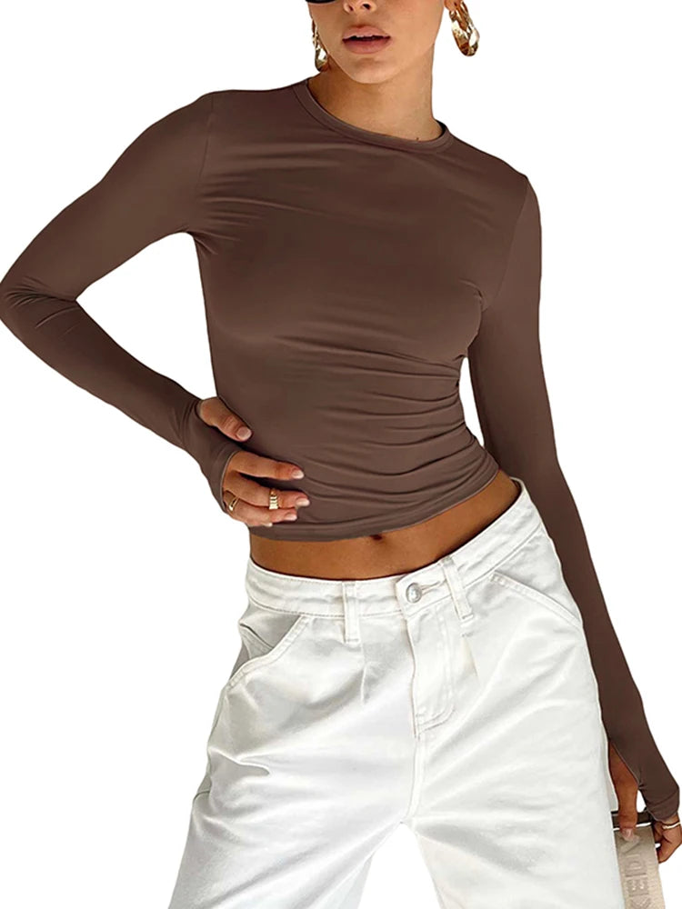 Slim Fit Long Sleeve Crop Top with Thumb Holes for Summer