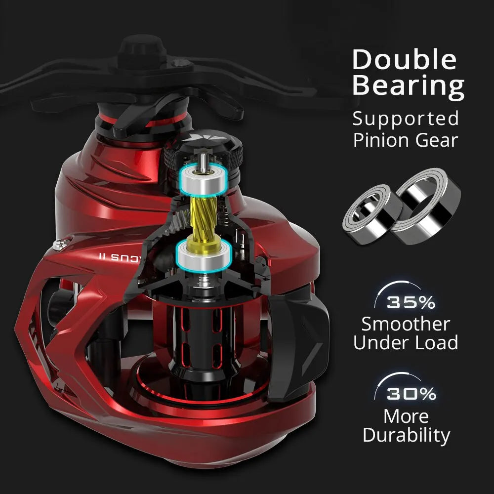 Red fishing reel with visible double bearing pinion gear, smoother and durable design features.