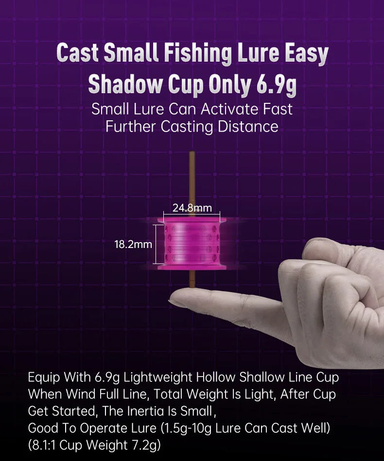 Lightweight pink fishing reel spool measuring 24.8mm by 18.2mm balanced on a fingertip, with casting specs displayed.