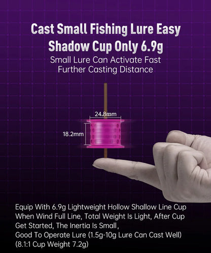 Lightweight pink fishing reel spool measuring 24.8mm by 18.2mm balanced on a fingertip, with casting specs displayed.