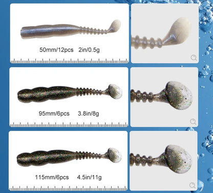 Three sizes of soft paddle tail fishing lures with glitter, shown with measurements on a ruler.