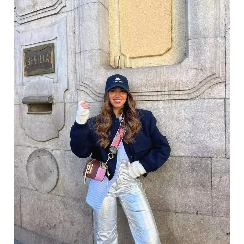 Woman Bomber Jacket White Autumn Winter Button Cropped Jackets Women Fashion Long Sleeve Coats