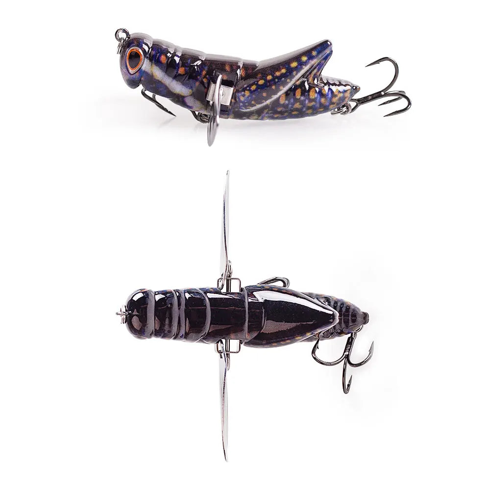 Realistic grasshopper fishing lure with metal hooks and lifelike details for outdoor angling