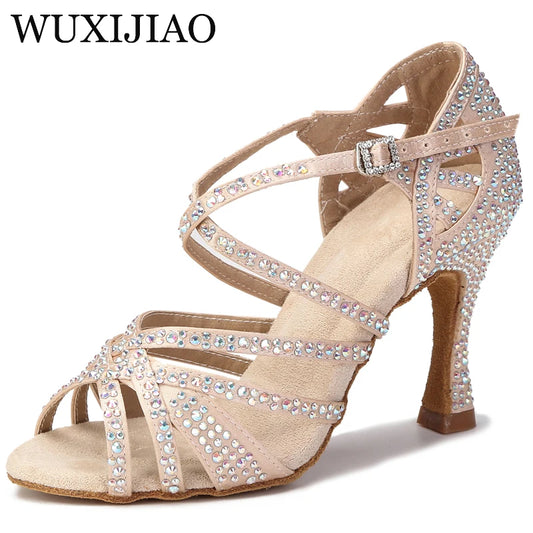 Satin Rhinestone Latin Dance Shoes for Women, Soft Sole
