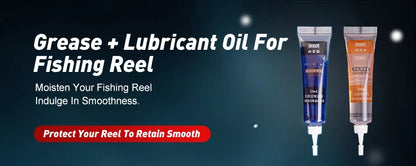 Fishing reel grease and lubricant oil tubes on dark background with product promo text.