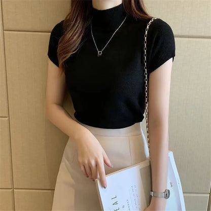 Summer Short Sleeve Turtleneck Knitted Blouse for Women