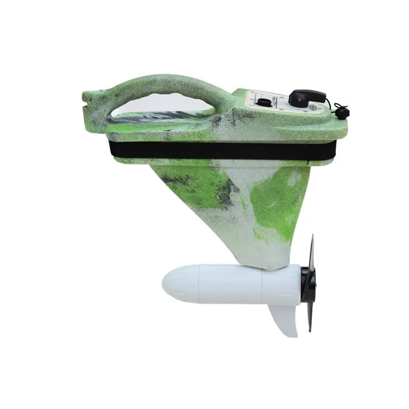 Green and white outboard motor on a white background