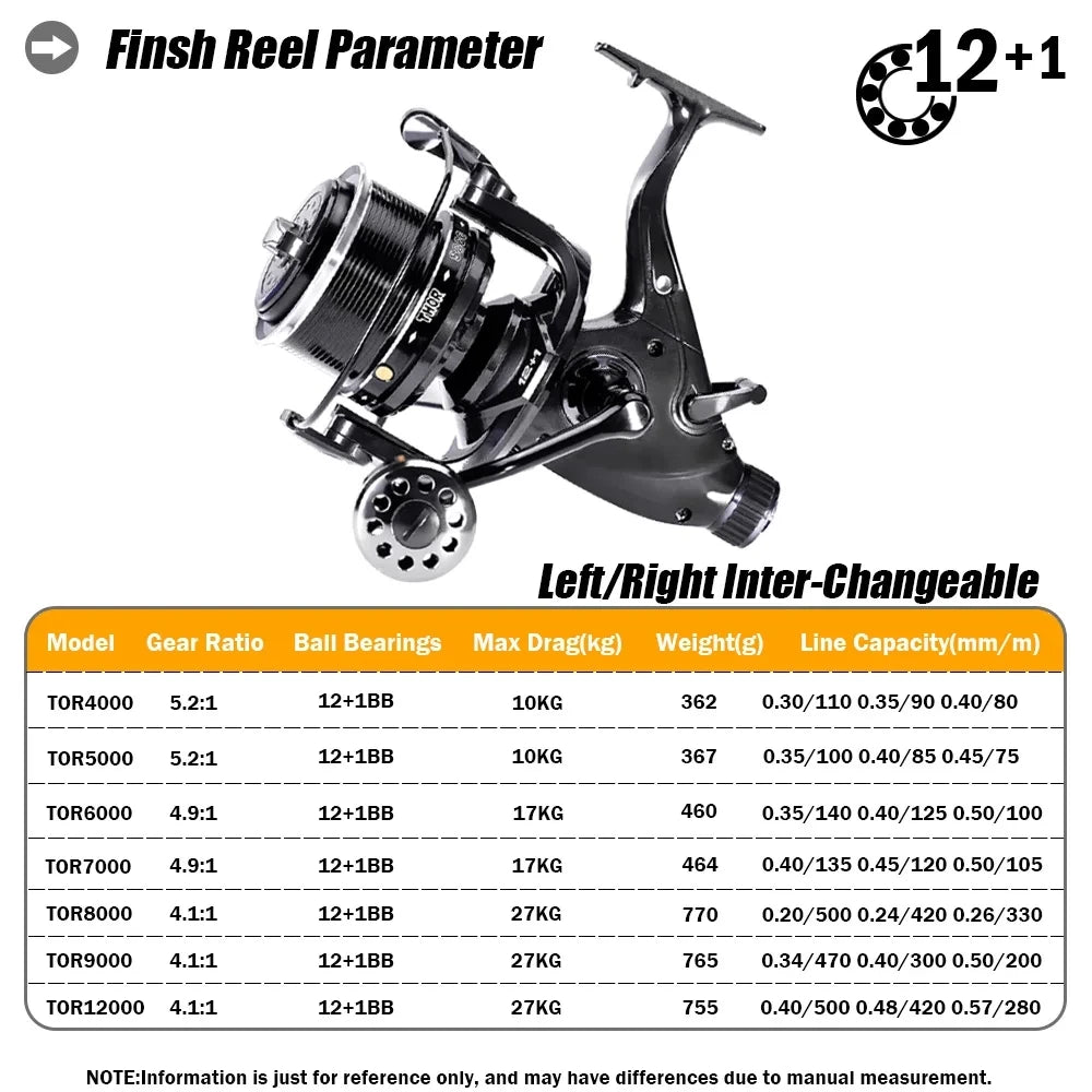 Black fishing reel with 12+1 ball bearings, left/right interchangeable handle, gear ratio chart.