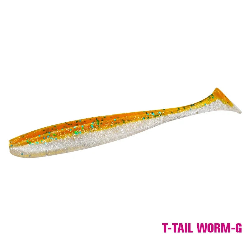 Orange and white glitter T-tail worm fishing lure, labeled T-TAIL WORM-G