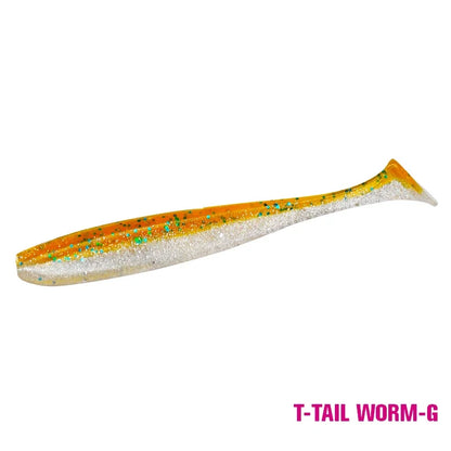 Orange and white glitter T-tail worm fishing lure, labeled T-TAIL WORM-G