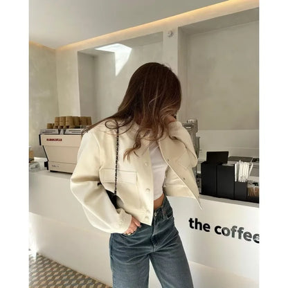 Woman Bomber Jacket White Autumn Winter Button Cropped Jackets Women Fashion Long Sleeve Coats