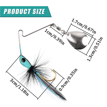 Fishing lure with feather hook and metal spinner, product dimensions labeled in centimeters and inches
