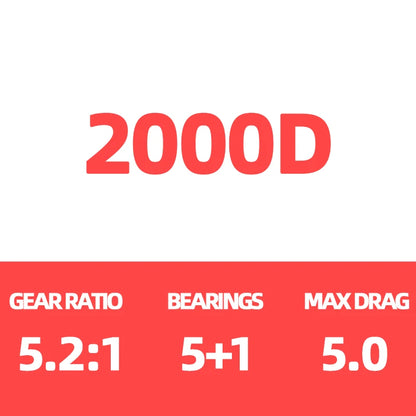 2000D fishing reel specifications, gear ratio 5.2:1, 5+1 bearings, max drag 5.0