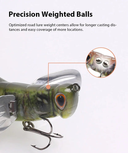 Close-up of fishing lure with precision weighted balls and treble hook for long casting