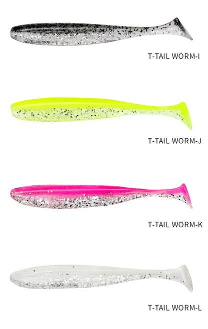 Assorted T-tail soft plastic fishing lures in black, neon yellow, pink, and clear colors with glitter.
