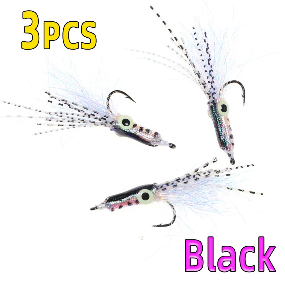 Set of three black fishing lures with glitter detail and feather tails, white background