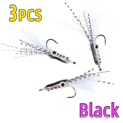 Set of three black fishing lures with glitter detail and feather tails, white background