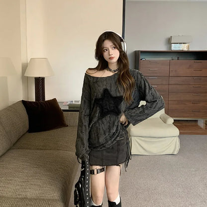 Harajuku Star Hollow Out Long Sleeve Casual T-Shirt for Women