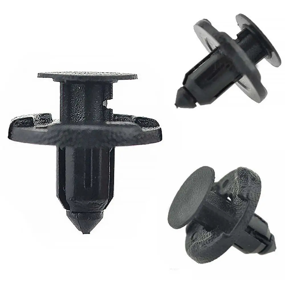 Set of black 8mm auto bumper clips with push-pin expansion tabs.