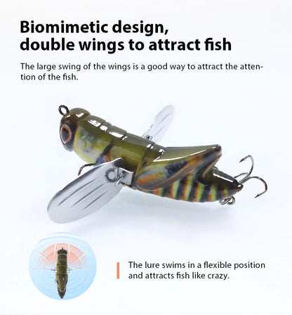 Biomimetic fishing lure with double wings and hooks, designed to attract fish.