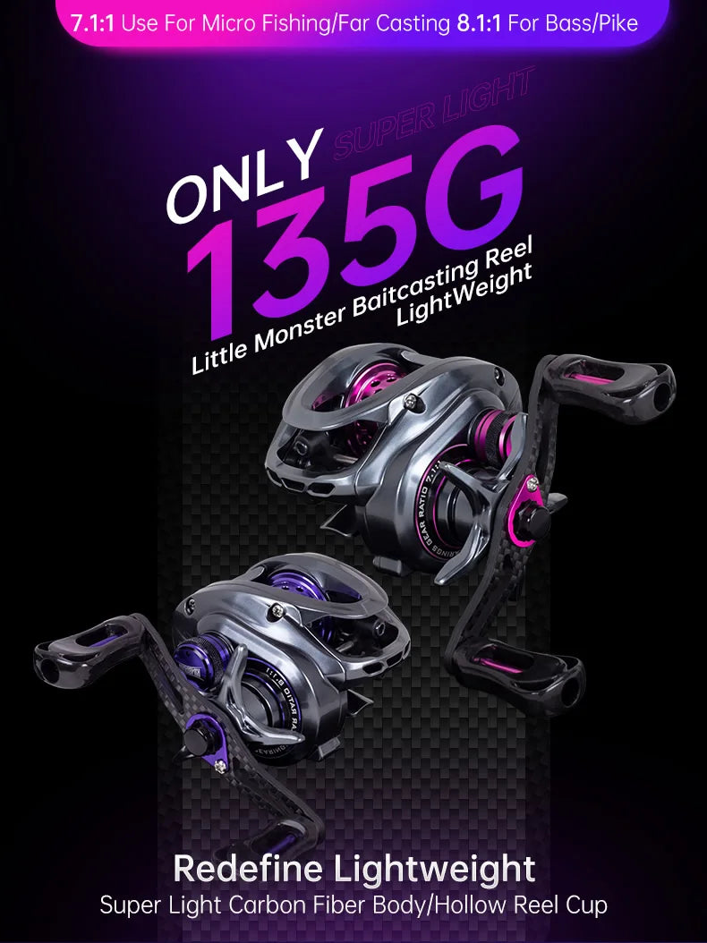Lightweight baitcasting fishing reel with carbon fiber body and purple accents, 135g