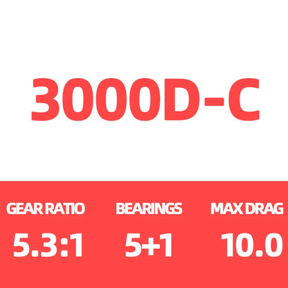 3000D-C fishing reel specs, gear ratio 5.3:1, 5+1 bearings, max drag 10.0
