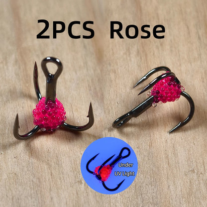 Two rose pink treble fishing hooks with bead clusters, UV light effect shown inset
