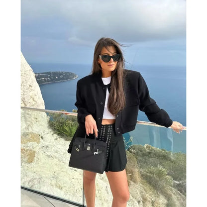 Woman Bomber Jacket White Autumn Winter Button Cropped Jackets Women Fashion Long Sleeve Coats