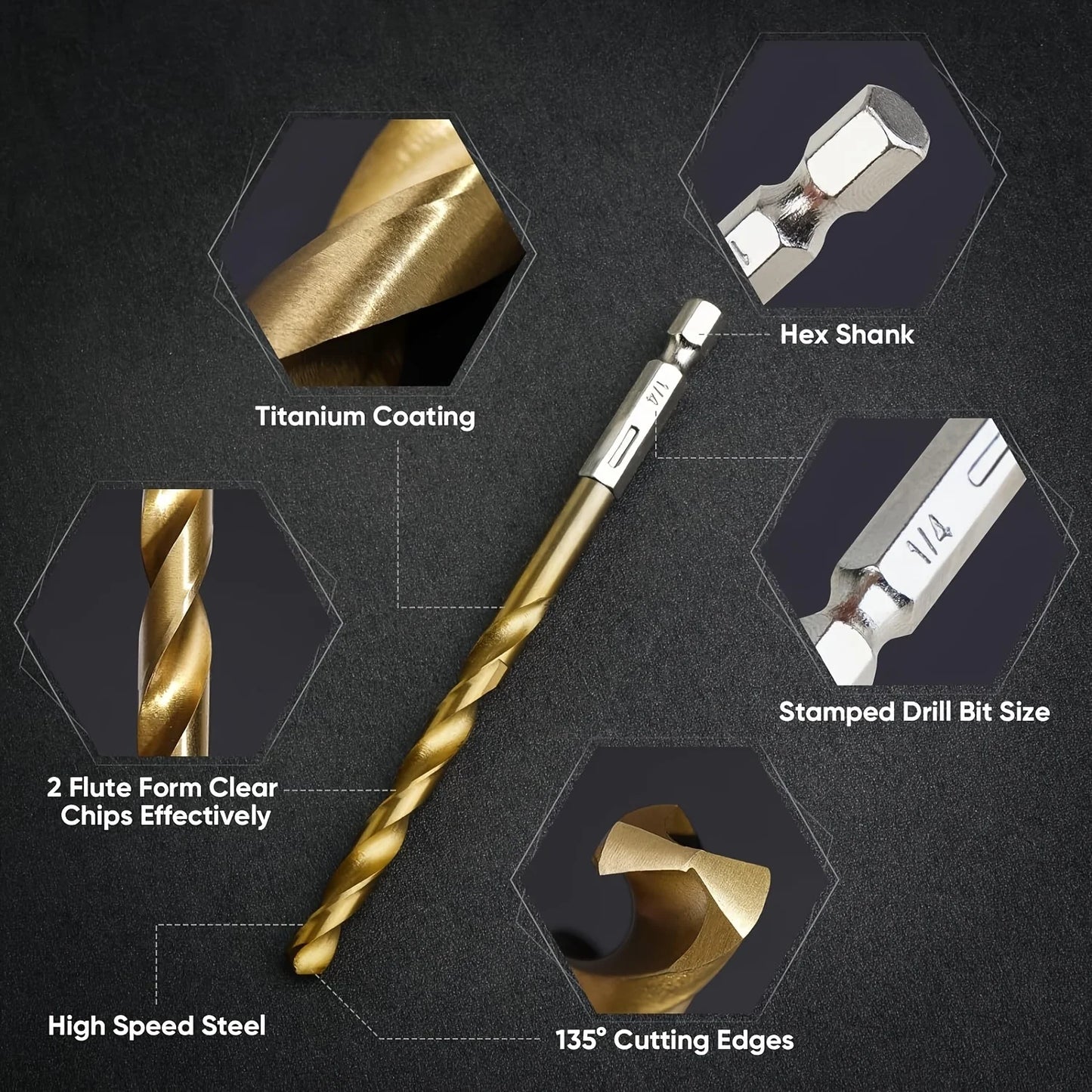 HookUpCo. Titanium Coated Drill Bit Set for Metal & Wood