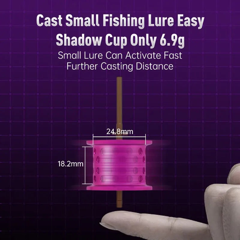 Lightweight pink fishing reel spool with size dimensions, designed for easy casting small lures.