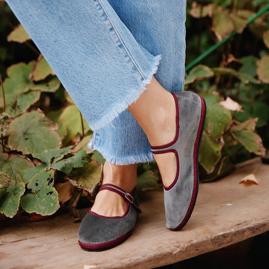 Gray Mary Jane Flats for Women - Soft Velvet Casual Loafers