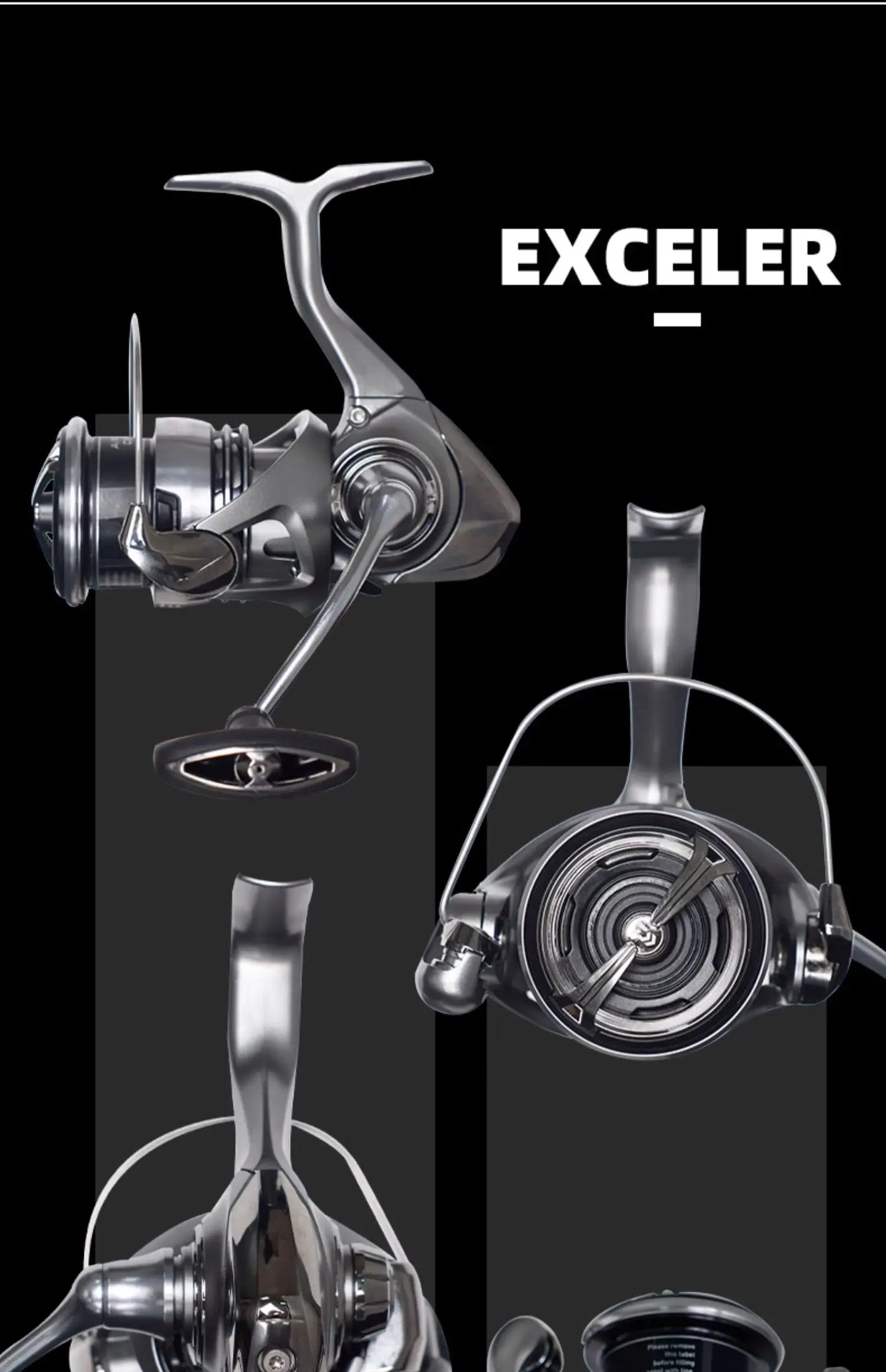 High-quality spinning fishing reel with metallic finish, shown from multiple angles on black background