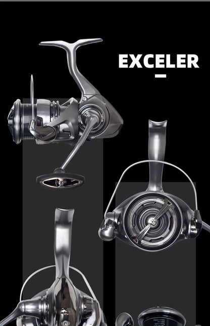 High-quality spinning fishing reel with metallic finish, shown from multiple angles on black background
