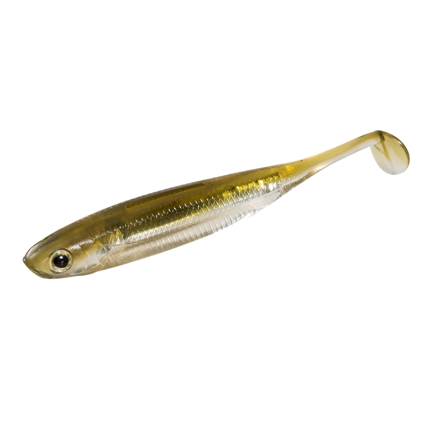 Realistic soft plastic fishing lure with gold and silver body on white background