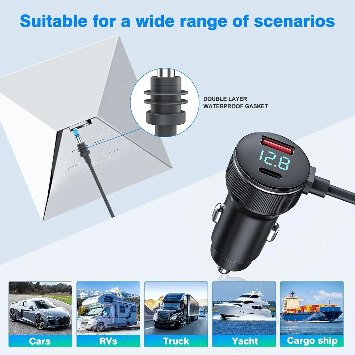 HookUpCo. Waterproof 3-in-1 Car Charger with Voltmeter - HookUpCo.