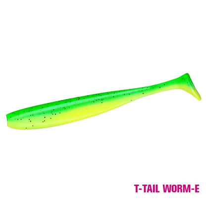 Green and yellow soft plastic T-tail fishing lure for outdoor fishing, isolated on white background